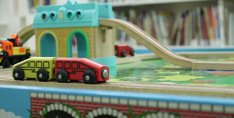Services for Kids Closeup of a toy train at Central Library