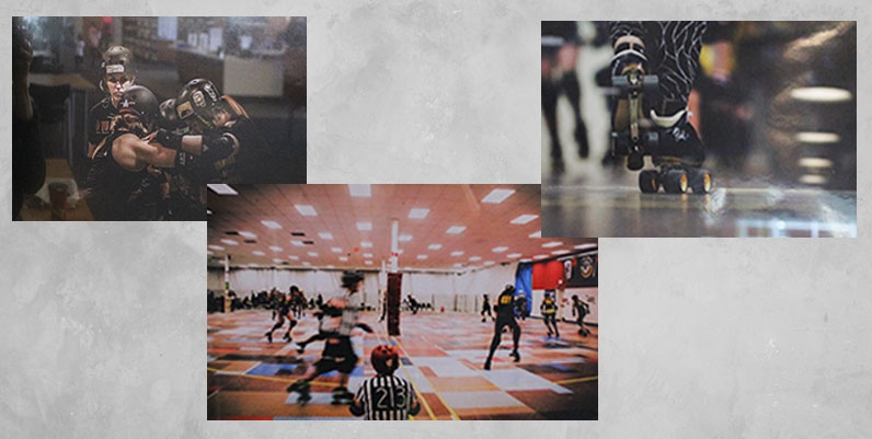 Gallery Turner Park: Eileen Reilly a collage of photos depicting females participating in a roller derby