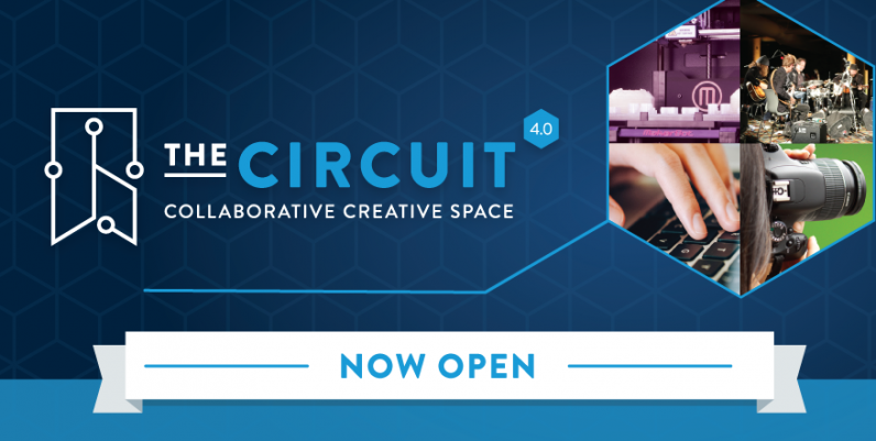 The Circuit 4.0 Carousel Now Open text: the circuit collaborative creative space now open image a blue background with a photo collage of various media