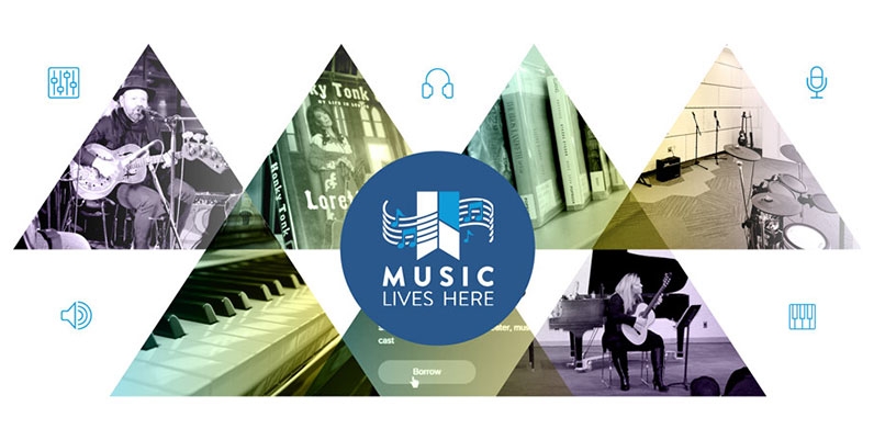 Music Lives Here feature montage of various musical performances, cd and intruments