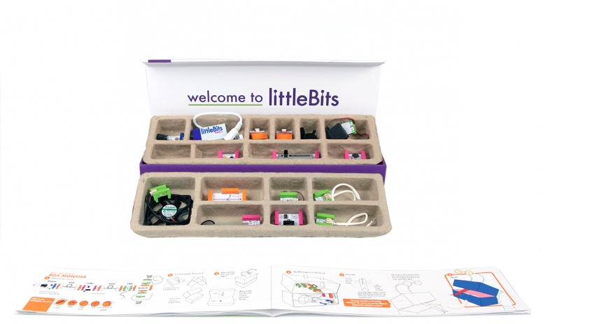 Little Bits Electronics Photo of a Little Bits electronics kit with box open and pieces displayed