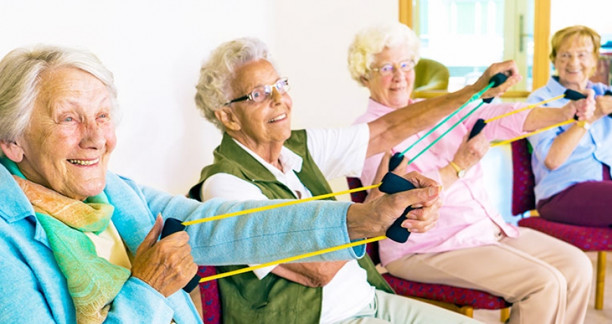 sit to be fit group of older female adults doing stretching exercises while sitting down