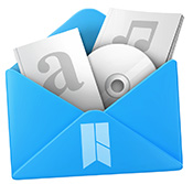 Home Library Service HPL logo on an open blue graphic envelop, with a book, CD, and CD coming out of the envelop