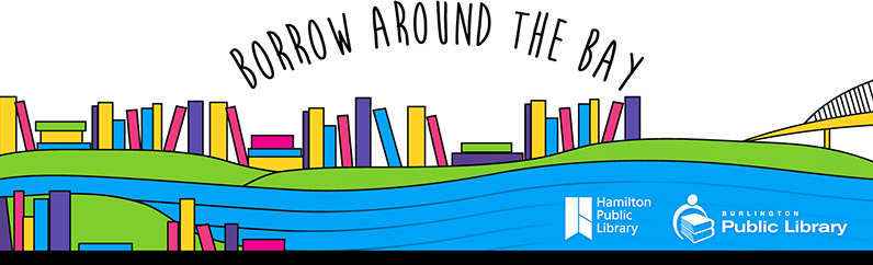 Borrow around the bay, Hamilton Public Library and Burlington Public Library logos at the bottom of a landscape of green rolling hills and water