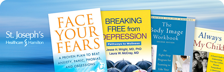  St. Joseph's logo along side the books FACE YOUR FEARS A PROVEN PLAN TO BEAT ANXIETY, PANIC, PHOBIAS, AND OBSESSIONS BREAKING FREE from DEPRESSION Pathways to Wellnoss Josso H. Wright, MD. PhD Laura W. McCray, MD and The Body Image Workbook