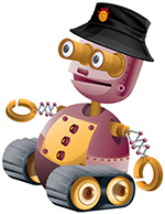 Cartoon robot wearing a black bucket hat