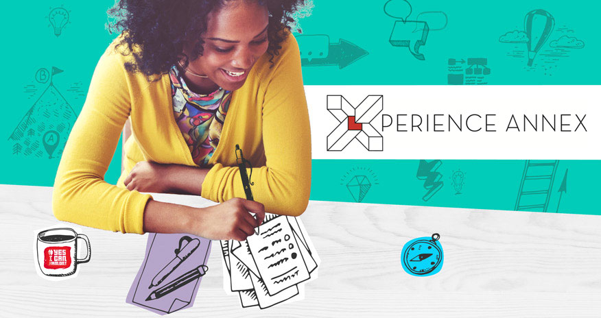 Graphic of a young women studying with the Xperience Annex logo
