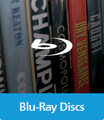 Graphic of Blu-Ray Discs with text and icon