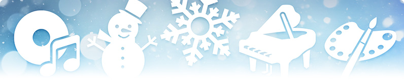 Icons of digital media, snow men, snow flakes, piano and art supplies with snowflakes around.