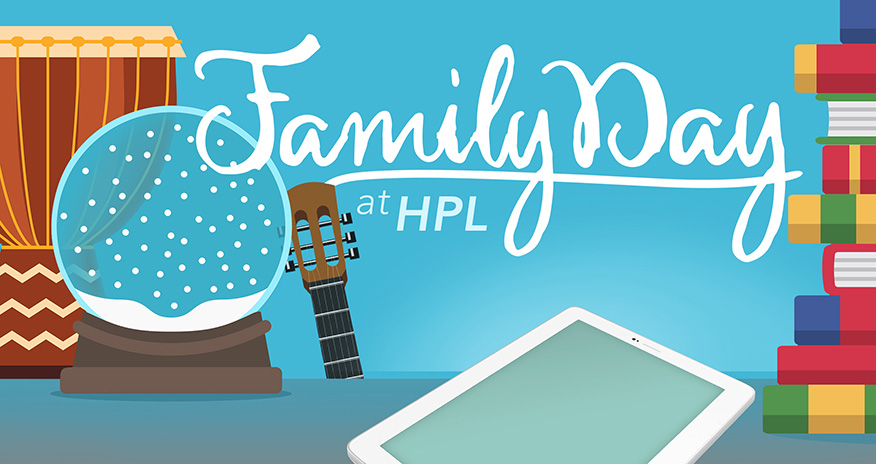 Family Day 2018 graphic of snow globe drums, books, gadgets