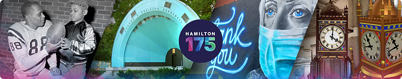 Hamilton 175 Logo, Famous places and Hamiltonians in the background.