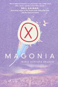book cover of Magonia with a red x 