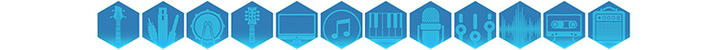 A group of hexagons depicting the hardware and software used for Play or Record your Music