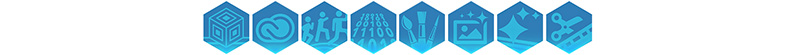 a group of hexagon graphics that represent hardware and software used for Learn Coding or get Creative with Adobe Suite