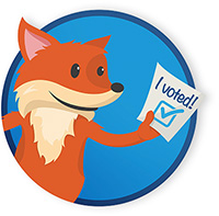 Cartoon graphic of Scout the fox with an I Voted slip of paper