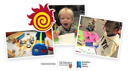 Three pictures on white background, stem toys, a boy with stackable discs, a girl with colourful dots on a table