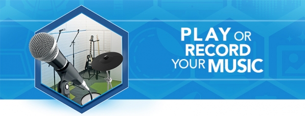 A hexagon graphic containing a microphone and music equipment with text Play or Record your Music
