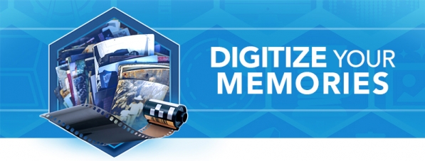 A hexagon graphic containing a stack of photographs and a film roll with the words Digitize your Memories