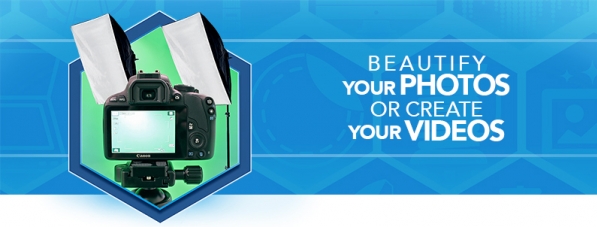 Hexagon containing camera and lights with text Beautify your photos or create your videos