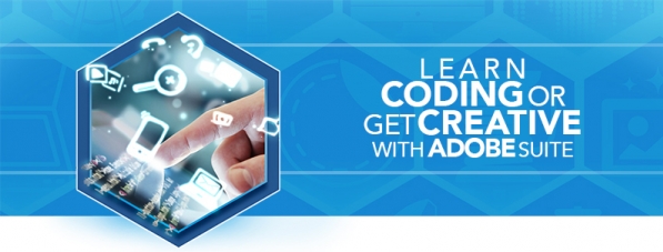 a hexagon graphic with a touch screen and floating icons with text Learn Coding or get Creative with Adobe Suite