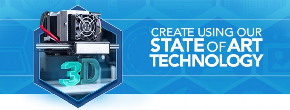Hexagon graphic containting 3D printing head with text Create using our State of Art Technology
