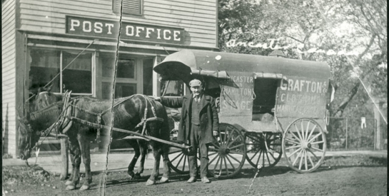 Daniel Morrison shown with the Ancaster and Hamilton Stage Coach at the Ancaster Post Office