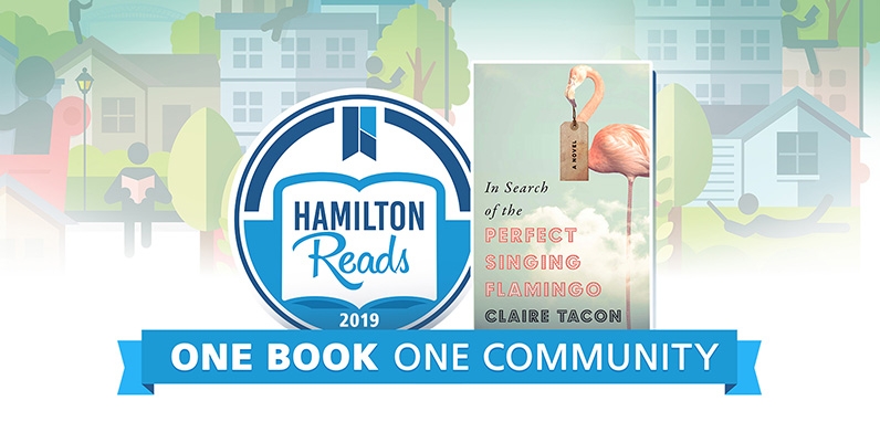 Hamilton reads 2019 logo with the cover of the Hamilton Reads book and the text One Book One Community
