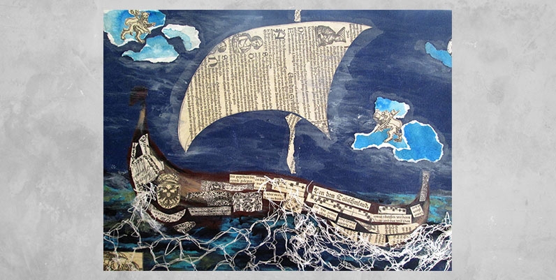 Gallery Turner Park: Holly Ginsler a collage of different materials forming a viking ship on canvass