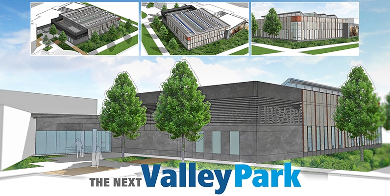Collage of images of the new Valley Park community centre and library branch