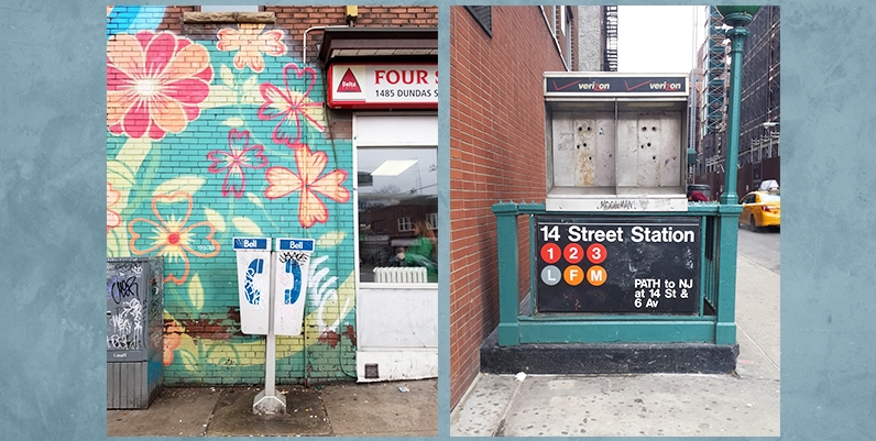 Two images of Andrea Beiko's work. Phone booths in various locations.