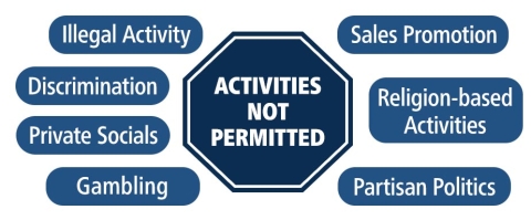 Activities not allowed are illegal activity, discrimination, gambling, sales promotion, private socials, partisan politics.