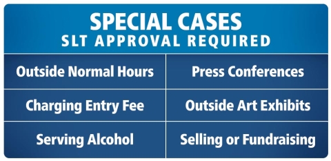 Special cases SLT approval required. Outside normal hours, press conferences, charging entry fees, outside art exhibits, serving alcohol, selling or fund raising.