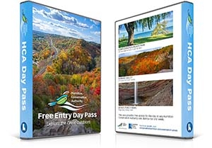 Hamilton Conservation Authority pass available at HPL. The pass is pictured in a blue DVD sized plastic case with artwork on the outside.