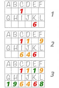 Grids with Numbers, letters and words in them 