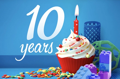 Turner Park turns 10. An image of a cupcake with one candle and 3d printed objects surrounding it with the text 10 years.