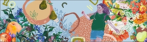 A person walks through a garden with items and plants surrounding them