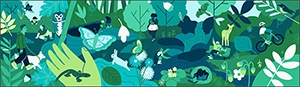 Green nature scape with bugs and animals spread throughout