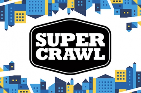 Super Crawl text with blue and yellow buildings on the top and bottom of the image