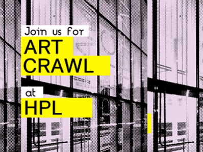 text join us for art crawl at hpl with stylized background of central library