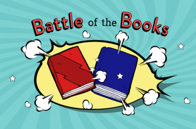Battle of the books Two cartoon books fighting