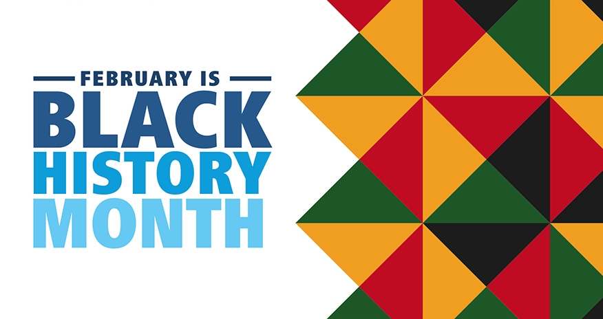 February is Black History Month February is Black History Month text beside a collage of red, yellow, green and black triangles.