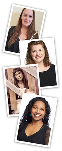 four headshots of female artists with white boarders, stacked on top of eachother